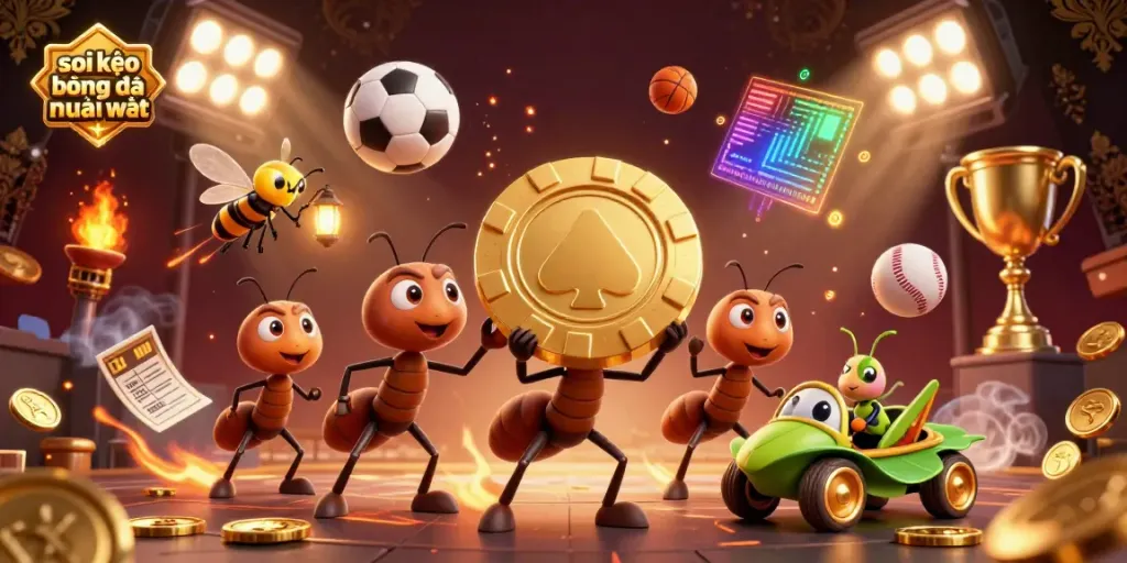 Soi kèo bóng đá mới nhất showcased through a dynamic scene with animated characters and sports elements.