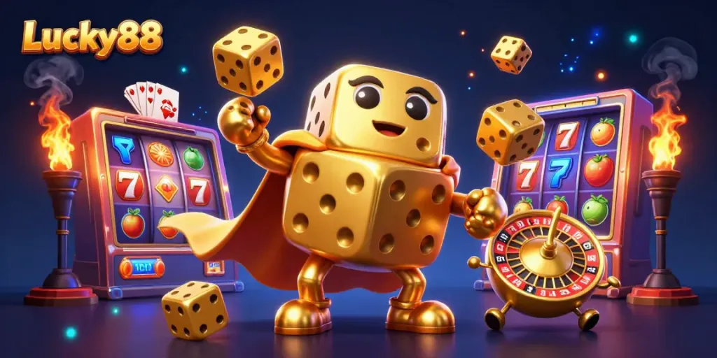 Win big with Lucky88's vibrant slot-themed 3D casino illustration featuring golden dice and jackpot elements.