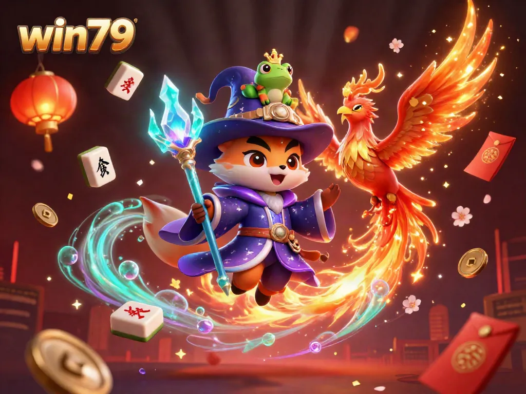Experience the vibrant gaming world of win79 with fantasy characters and festive elements in this detailed illustration.