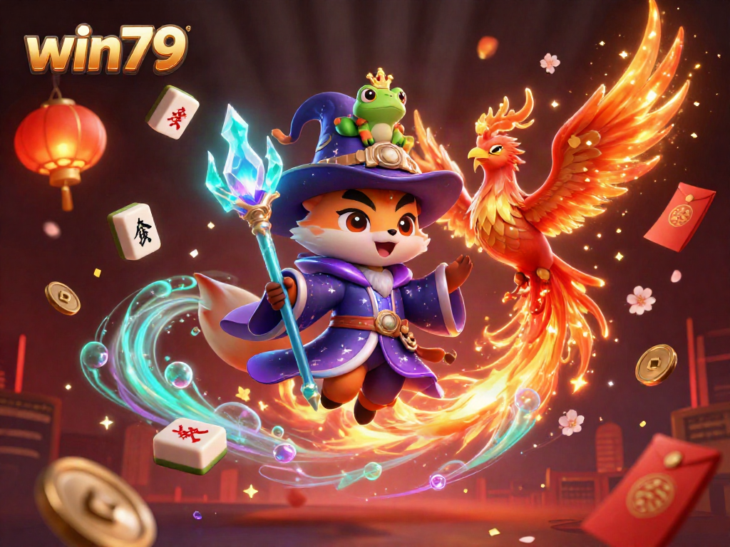 Experience the vibrant gaming world of win79 with fantasy characters and festive elements in this detailed illustration.
