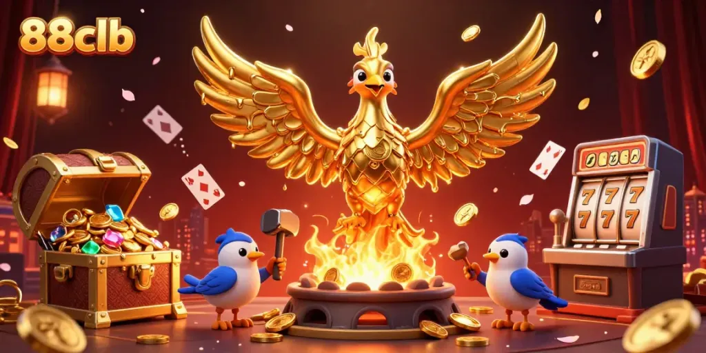 Engage with the thrilling 88clb casino experience featuring a golden phoenix and vibrant game elements.