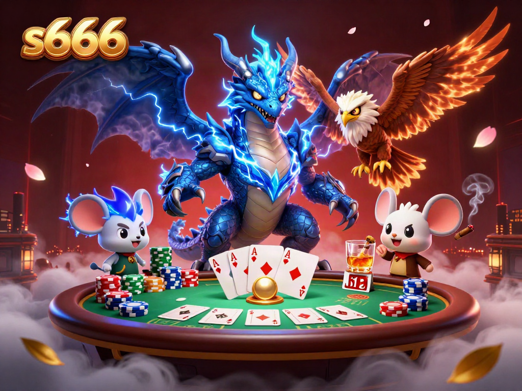 Experience thrilling poker action with s666 featuring a thunder dragon and dynamic casino elements.