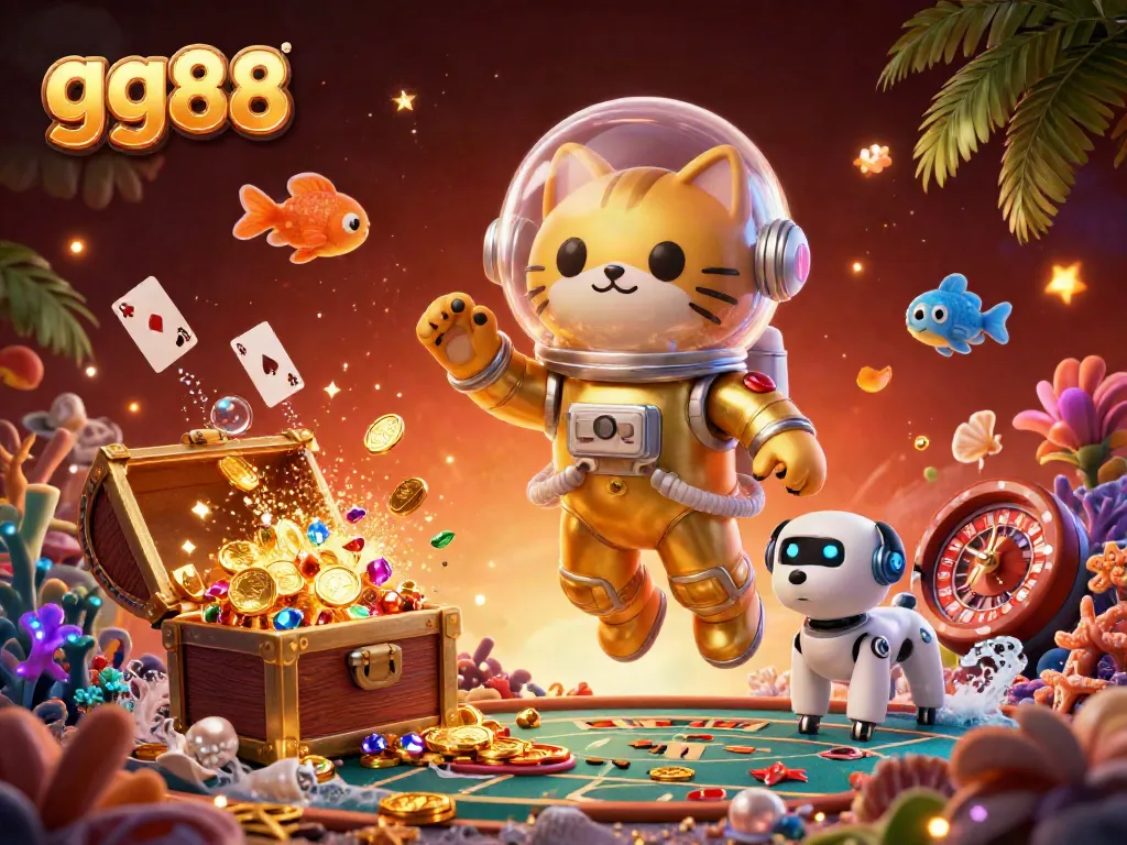 Win big with gg88 in this vibrant 3D illustration showcasing a casino atmosphere.