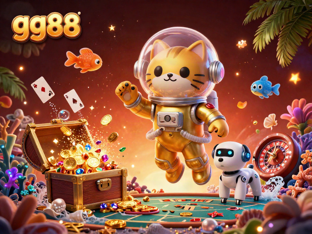 Win big with gg88 in this vibrant 3D illustration showcasing a casino atmosphere.