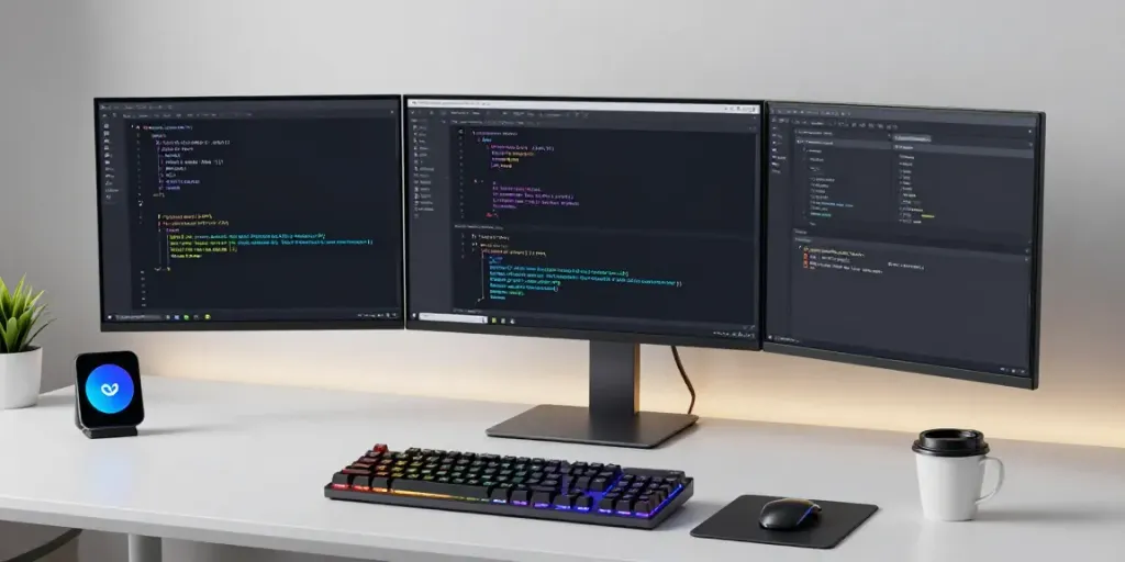 A modern developer's workspace illustrating .co.uk domain registration setup with tech tools and clean design.