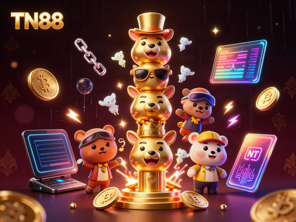 Engage with TN88 and dive into a vibrant visual of a cartoon casino scene with animated characters.