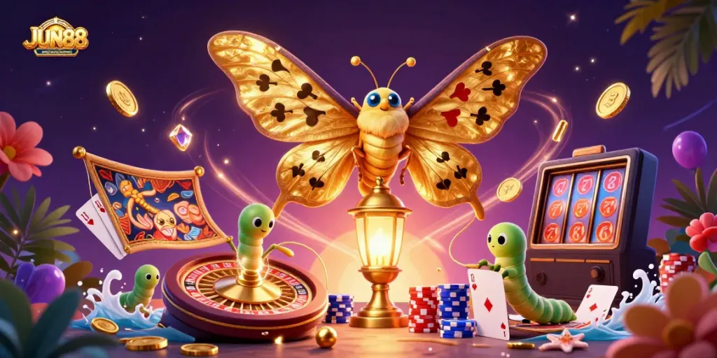 Experience the exciting world of JUN88 with vibrant casino elements in an ultra-detailed 3D illustration.
