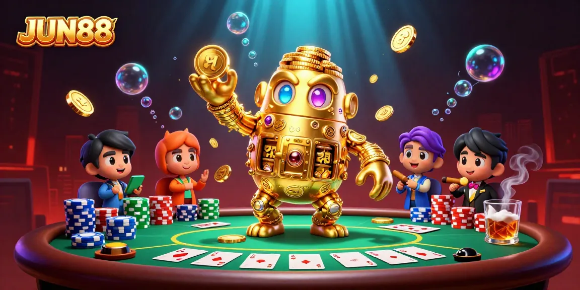 Experience dynamic gaming action with JUN88's immersive casino scene, featuring a golden golem and poker elements.