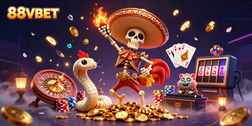Experience the vibrant casino energy with 88VBET, featuring a lively mariachi rooster surrounded by winning symbols.