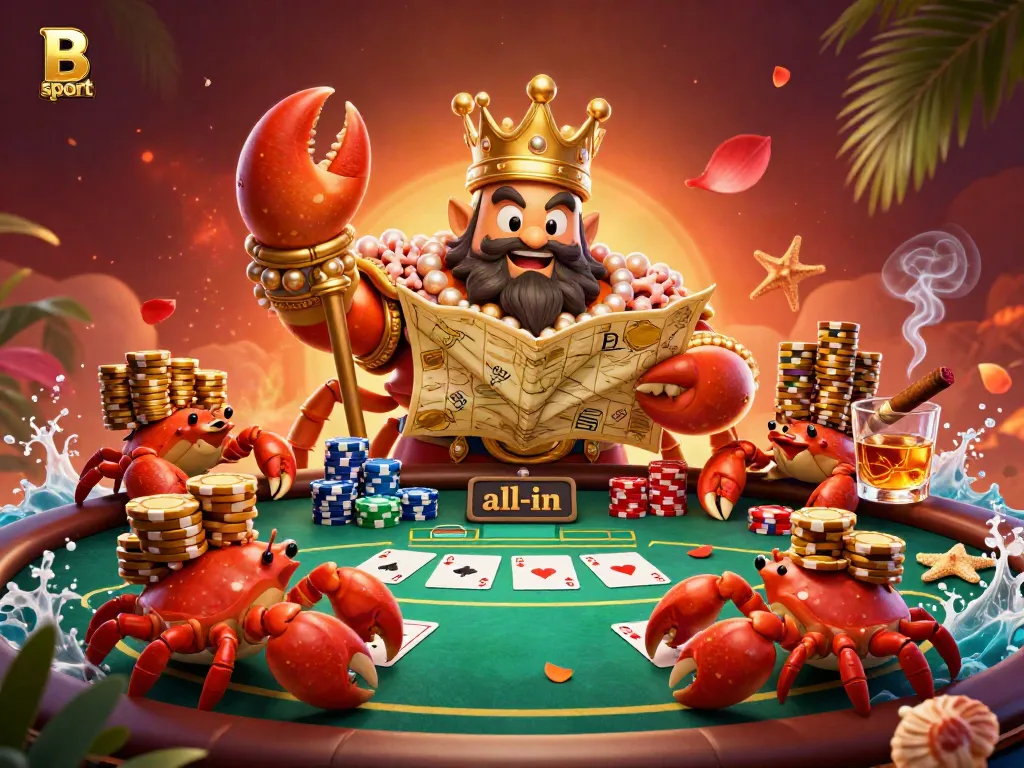 B sport offers an immersive casino experience with vibrant poker elements and golden crab characters.