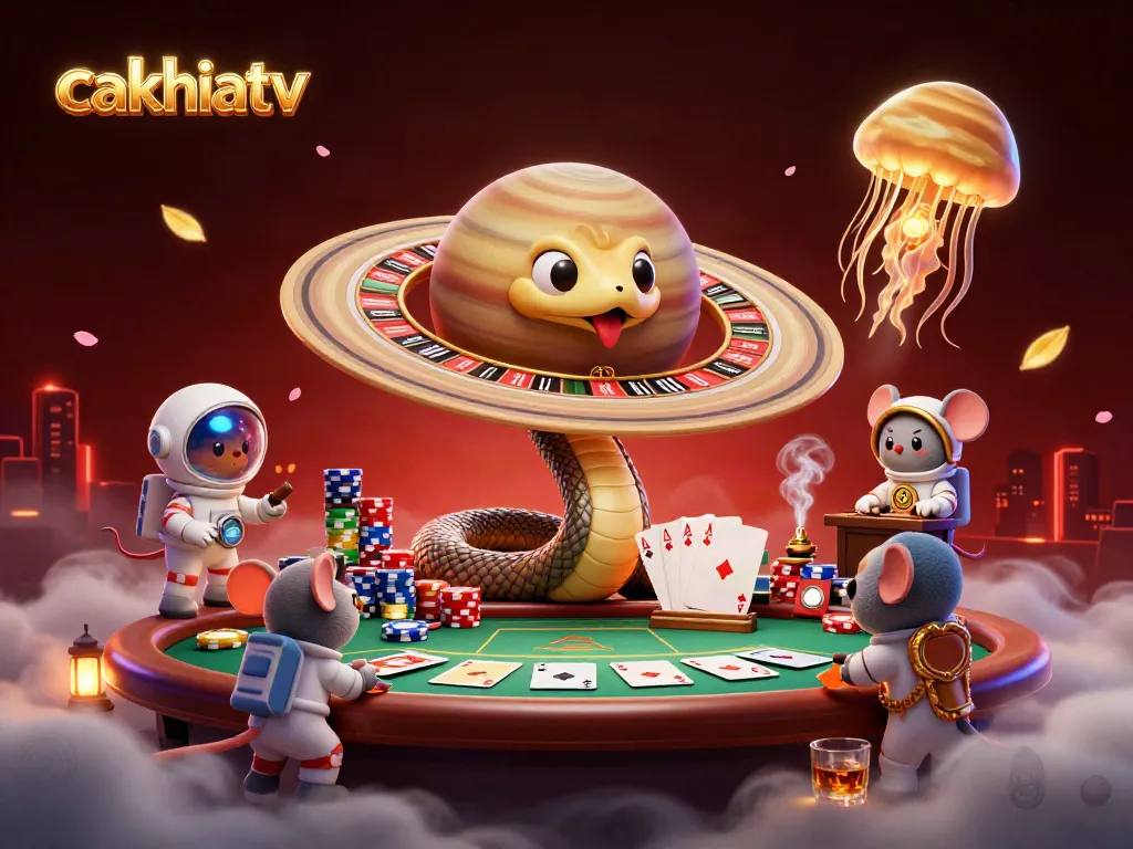 Experience the excitement of cakhiatv with astronaut mice betting on a roulette wheel made of the planet Saturn's rings.