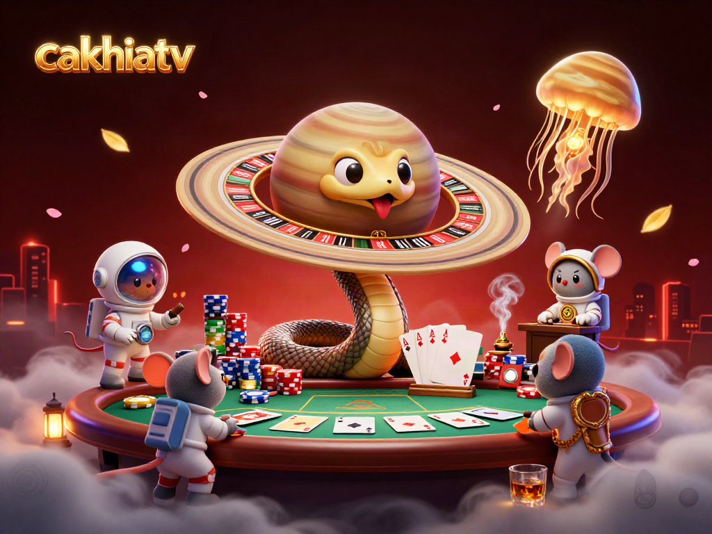 Experience the excitement of cakhiatv with astronaut mice betting on a roulette wheel made of the planet Saturn's rings.