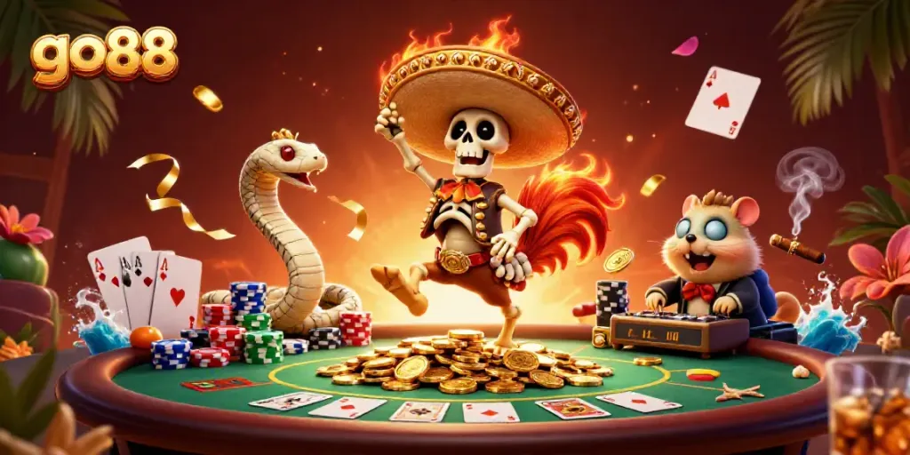 Play go88 with vibrant characters celebrating big wins in a lively casino scene filled with poker elements.