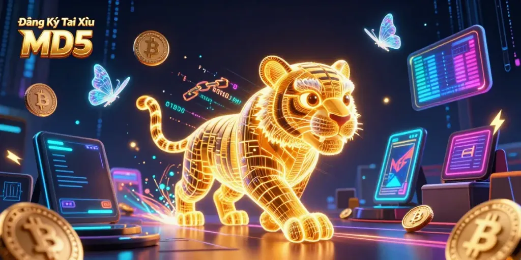 Engage in Đăng Ký Tài Xỉu MD5 with a vibrant 3D casino illustration showcasing a golden tiger amidst digital currency.