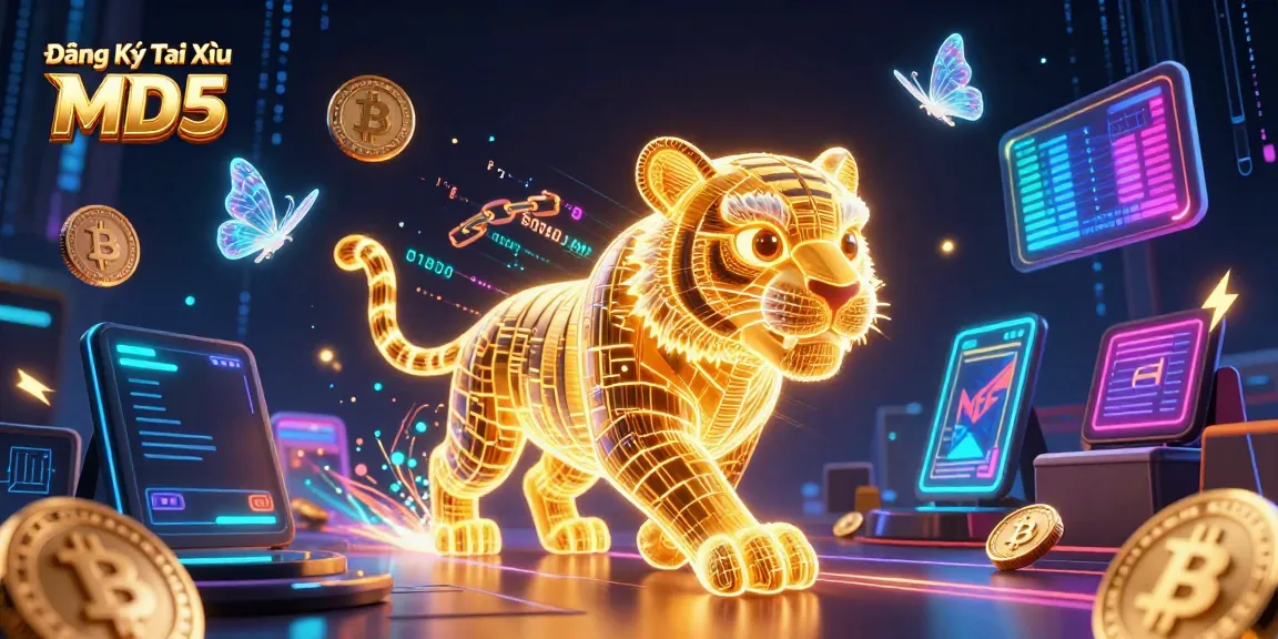 Engage in Đăng Ký Tài Xỉu MD5 with a vibrant 3D casino illustration showcasing a golden tiger amidst digital currency.