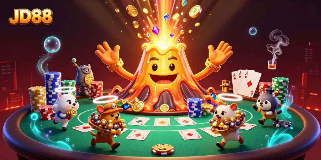 Experience the excitement of JD88 with a lively scene of a golden volcano erupting treasures amid a dynamic casino layout.