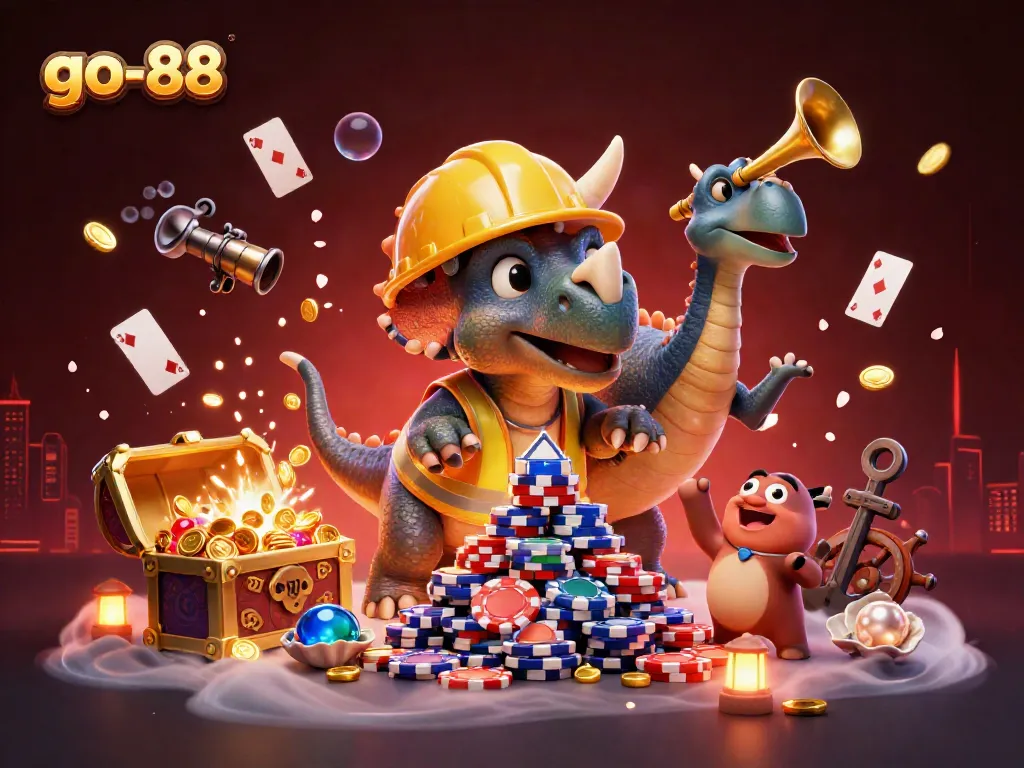 Join the action at go-88, where the triceratops builds a poker chip pyramid amidst treasures and celebration.