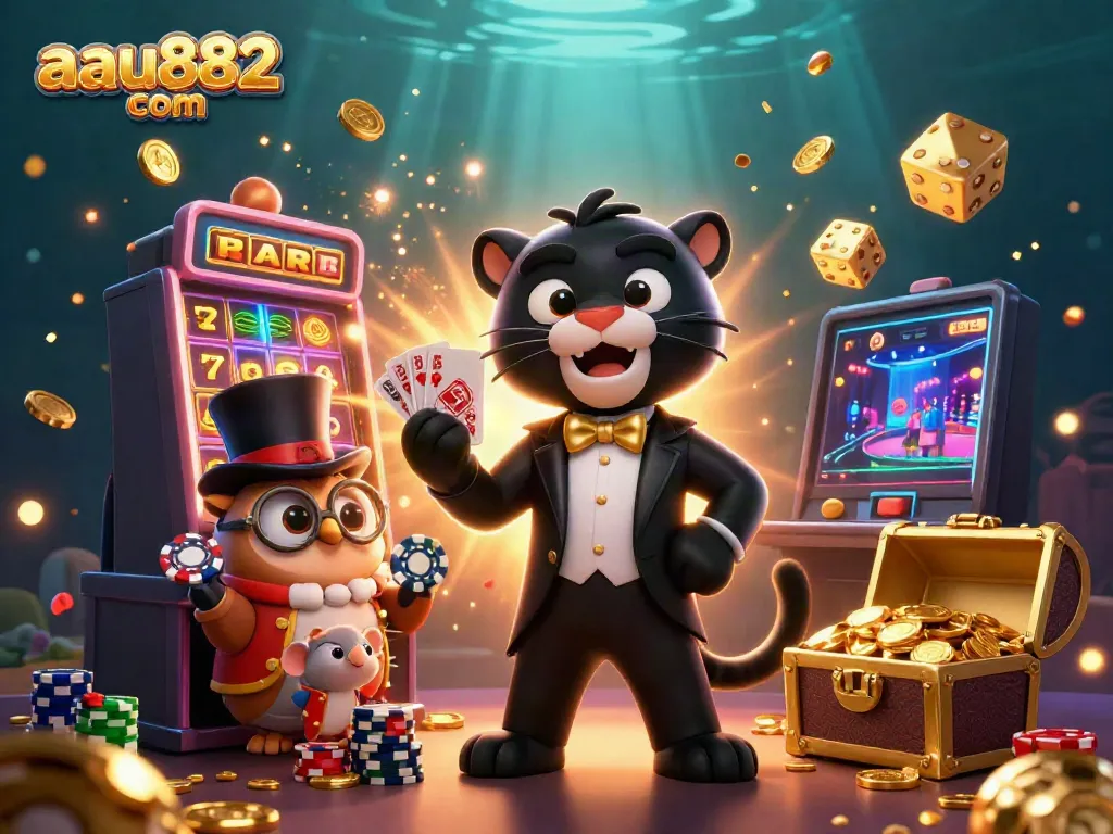 Experience thrilling moments at aau882 com with a festive casino scene featuring character interactions and vibrant game elements.