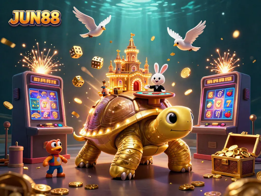 Experience JUN88’s vibrant casino world with a golden turtle casino, dealer, and coins in action.