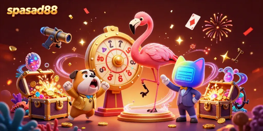 Engaging scene of spasad88 showcasing a flamingo host, bulldog contestant, and cat assistant in an animated casino setting.