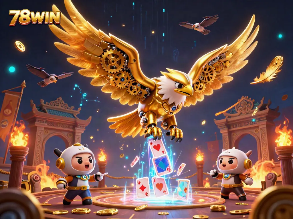 Experience the thrill of 78WIN as the golden eagle dives through holographic cards in an explosive casino scene.