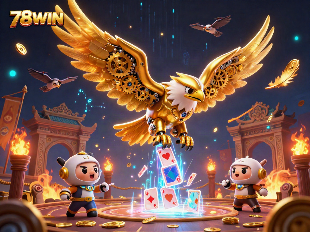 Experience the thrill of 78WIN as the golden eagle dives through holographic cards in an explosive casino scene.
