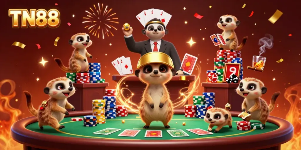 Experience the thrill of TN88 with lively meerkats running a vibrant casino.