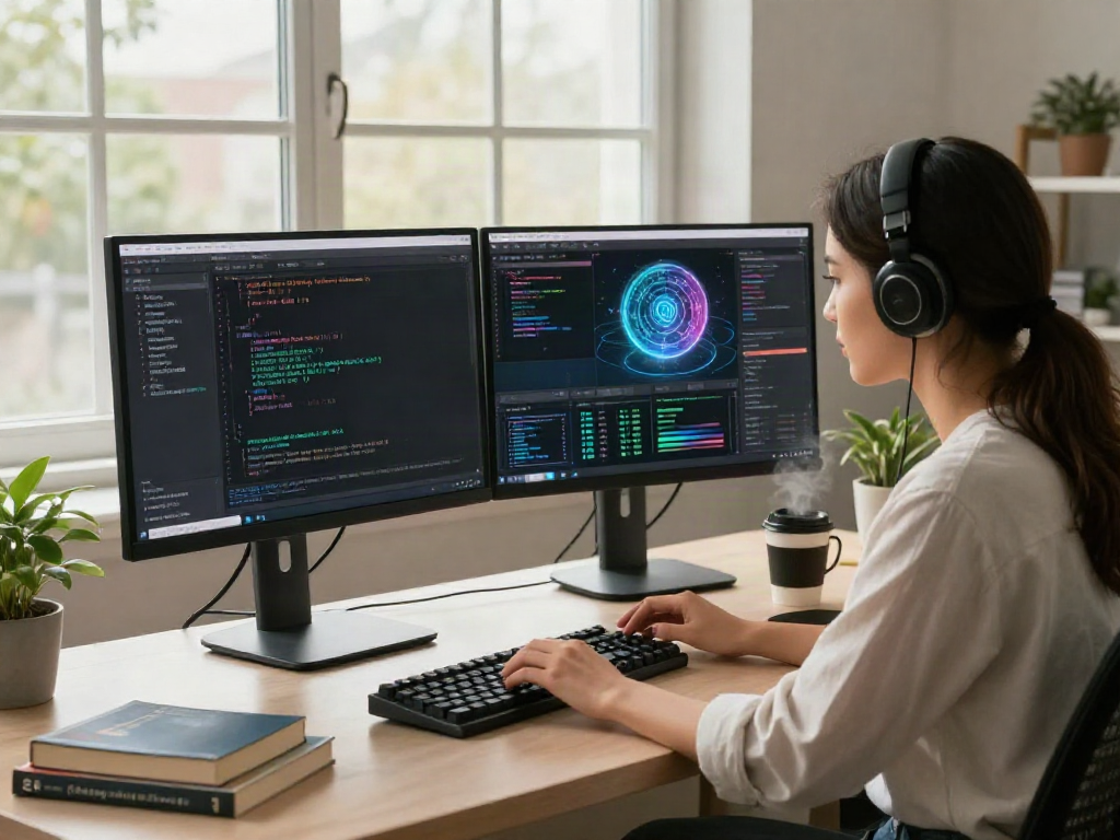 Young female software engineer coding with nsfw ai content in a modern office.