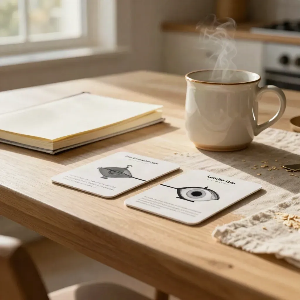 Credit cards, closed notebook and steaming mug on a linen mat by a sunlit table.