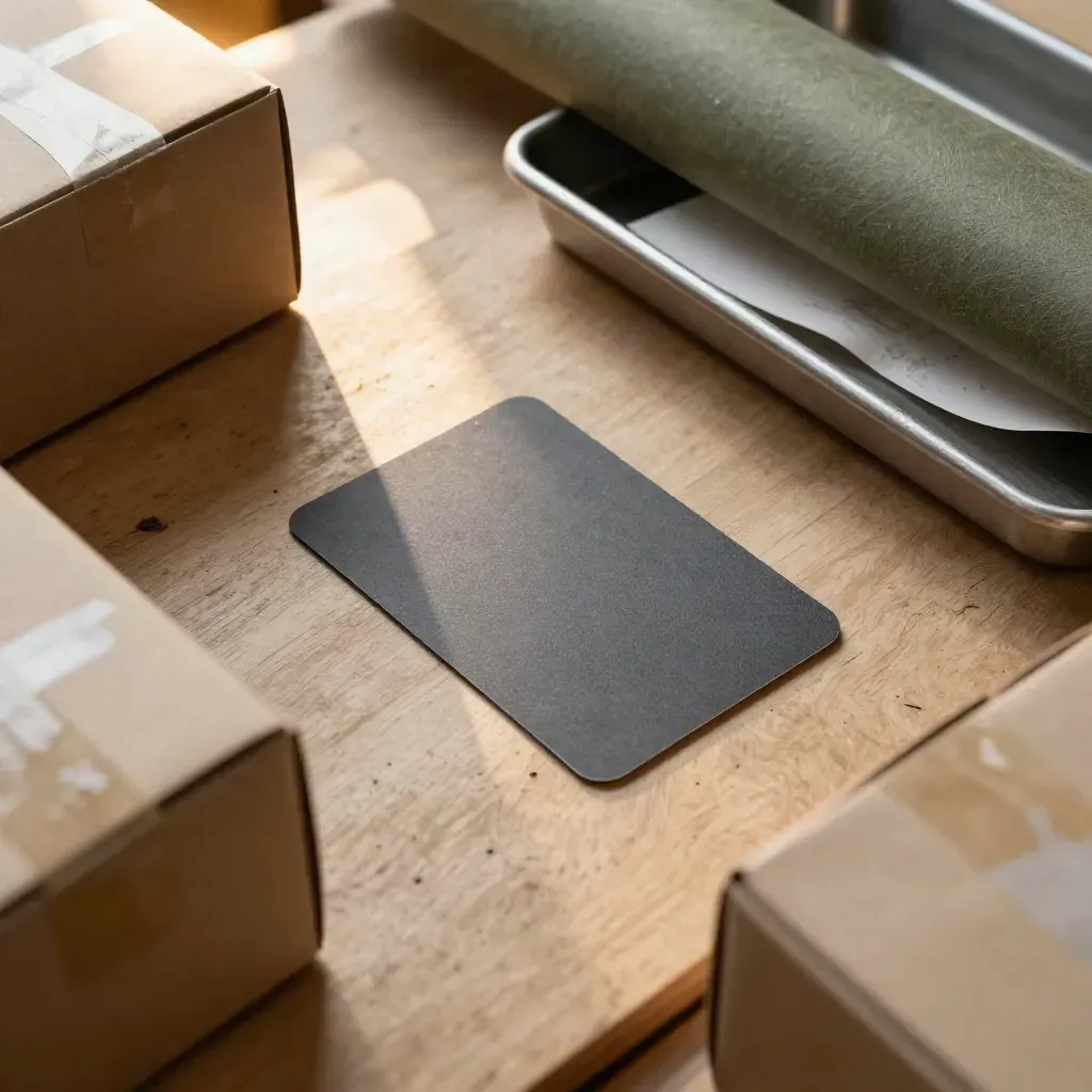 Overhead packing bench with a small-business card, parcel boxes, fabric rolls, and a steel tray in motion.