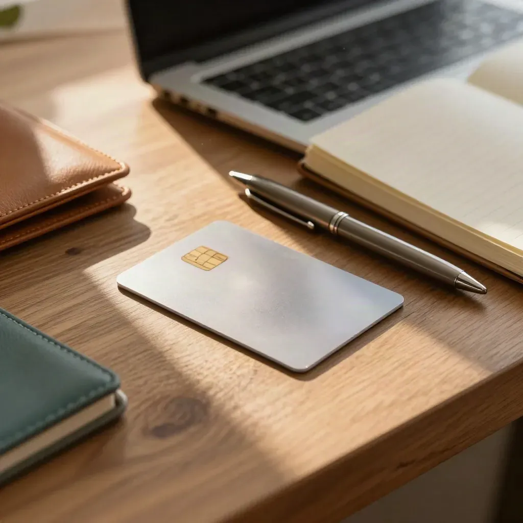 Macro of a credit card, laptop, wallet case, pen and notebook on a sunlit oak entry table.