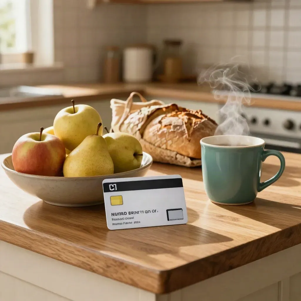 Rewards card beside fruit, bread and a grocery tote on a warm kitchen counter with tea steam.