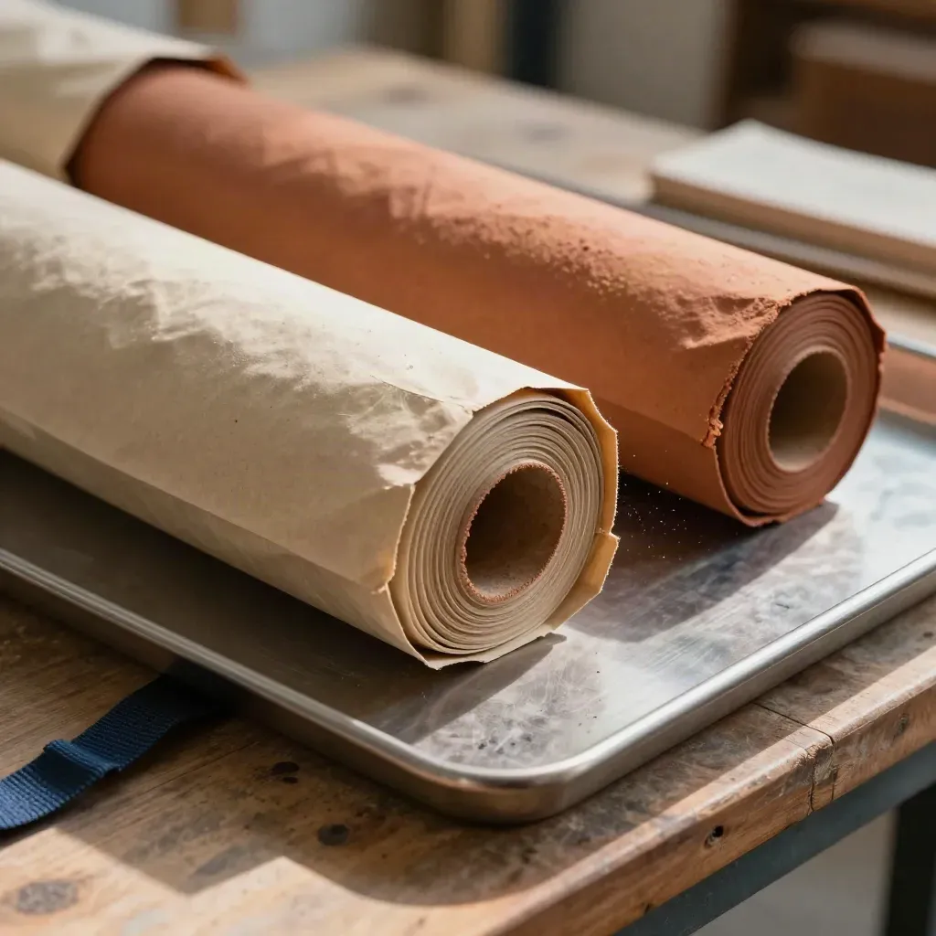 Overhead workshop bench with parcels, fabric rolls, and a steel tray caught mid-dispatch.