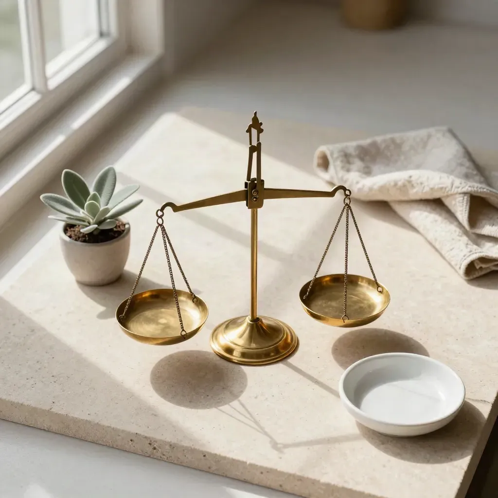 Brass balance scale, linen cloth, plant and ceramic dish on pale stone in soft window light