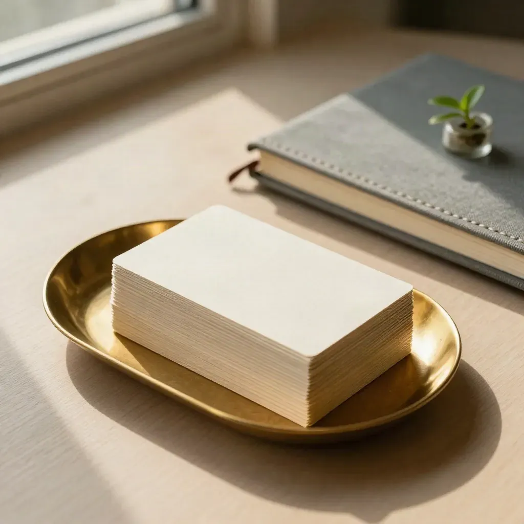 Cream business cards, brass tray, closed notebook and plant cutting on a pale wood desk