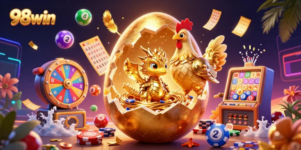 Experience the thrill of 98win with a vibrant golden dragon guarding poker chips, amidst a festive atmosphere of lottery balls and colorful gaming elements.