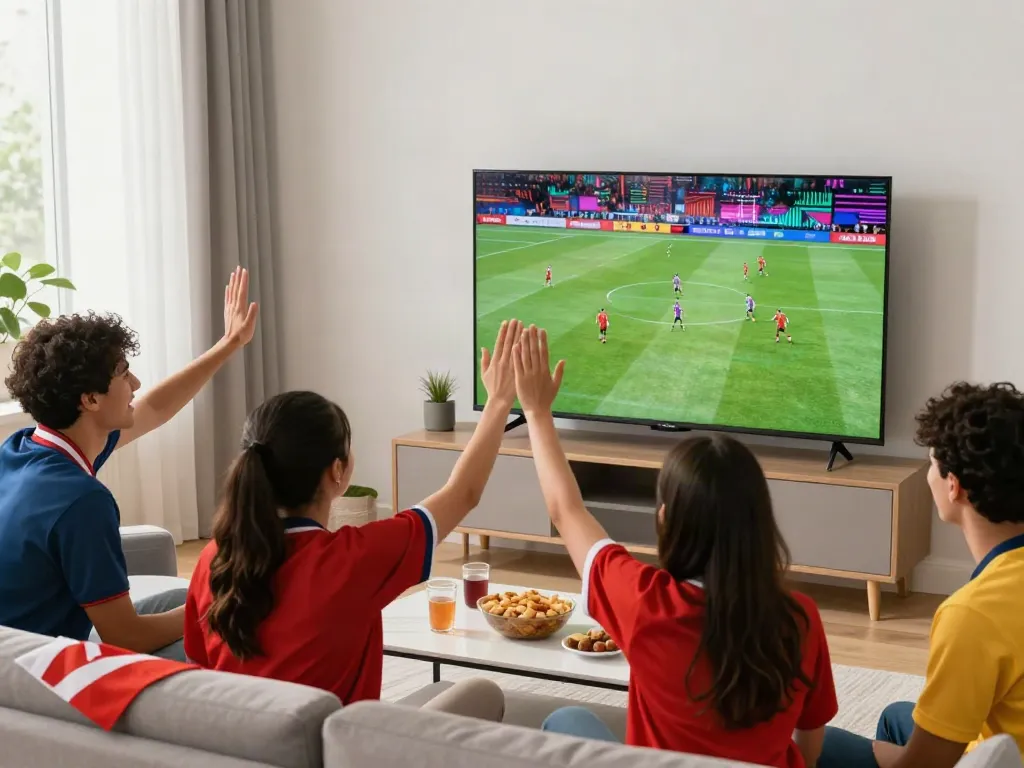 Fans enjoying a thrilling football match on Xoilactv, surrounded by team flags and snacks.