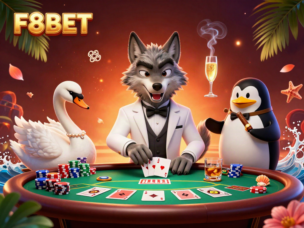 Experience the excitement of F8BET with this dynamic casino scene featuring a stylish wolf, elegant swan, and sophisticated penguin.
