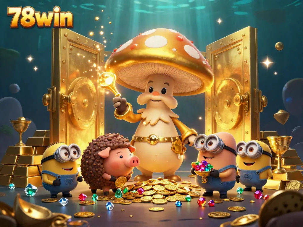 Experience the magic of 78win with a golden mushroom wizard uncovering treasures in a casino fantasy.