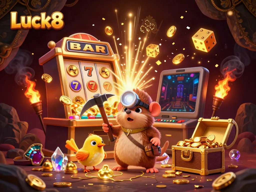 Experience exciting jackpots and games at Luck8 with vibrant golden visuals and dynamic elements.