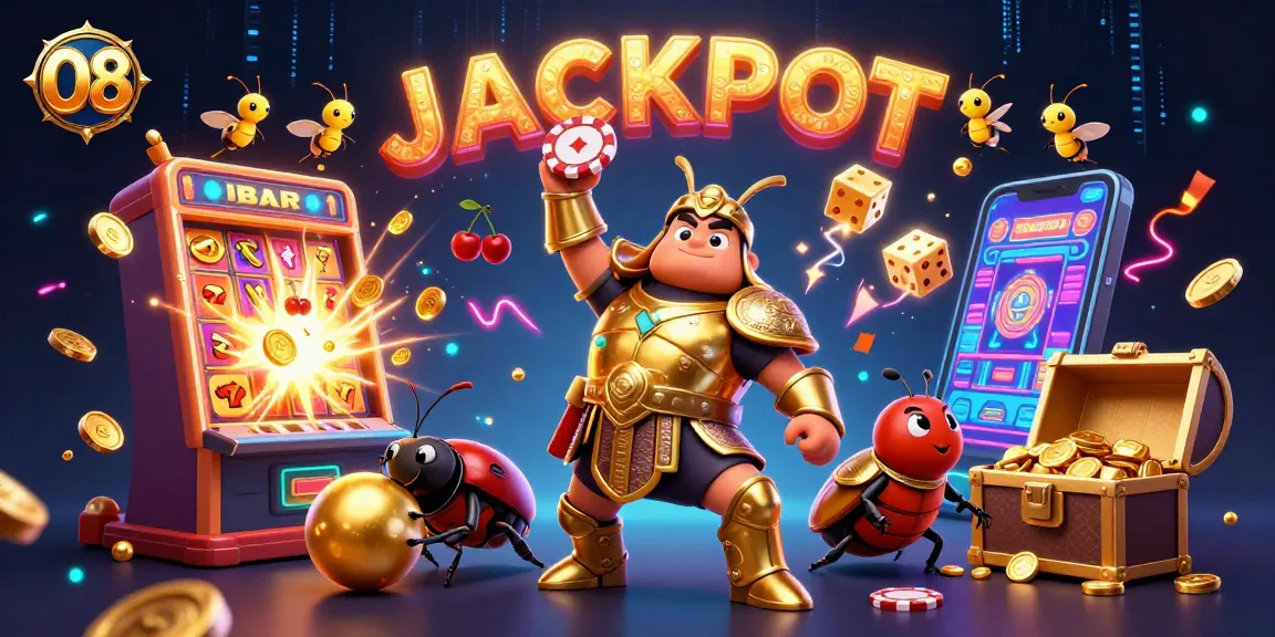 Experience the jackpot thrill with O8 as cartoon heroes celebrate in a lively casino scene.
