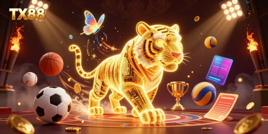 Experience TX88's vibrant casino atmosphere with a glowing golden tiger and dynamic sports elements.