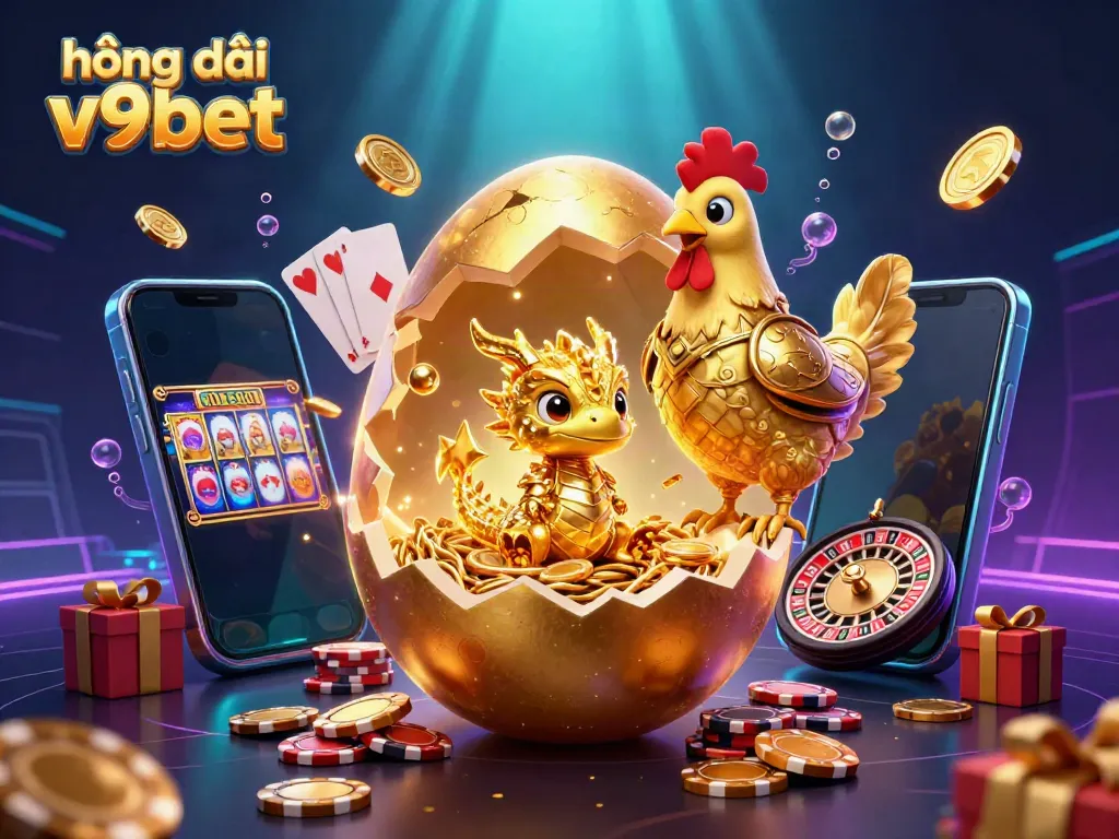 Engaging illustration showcasing the vibrant experience of hướng dẫn v9bet with casino elements like golden dragon and slots.