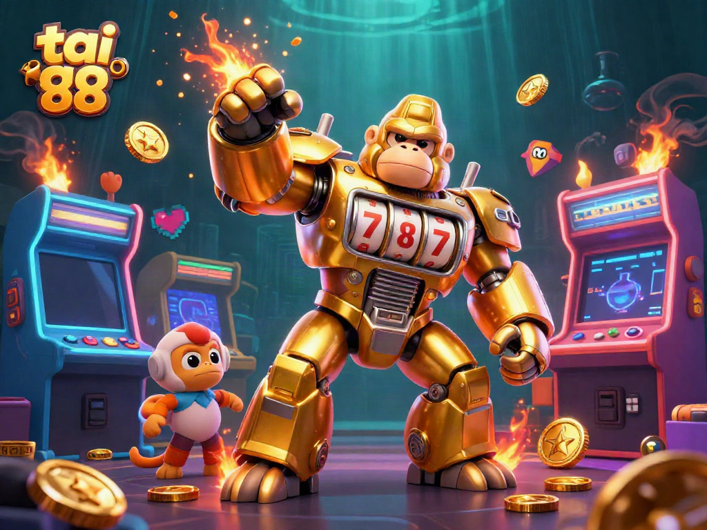 Experience tai go 88 excitement with a golden gorilla mech surrounded by vivid casino elements.