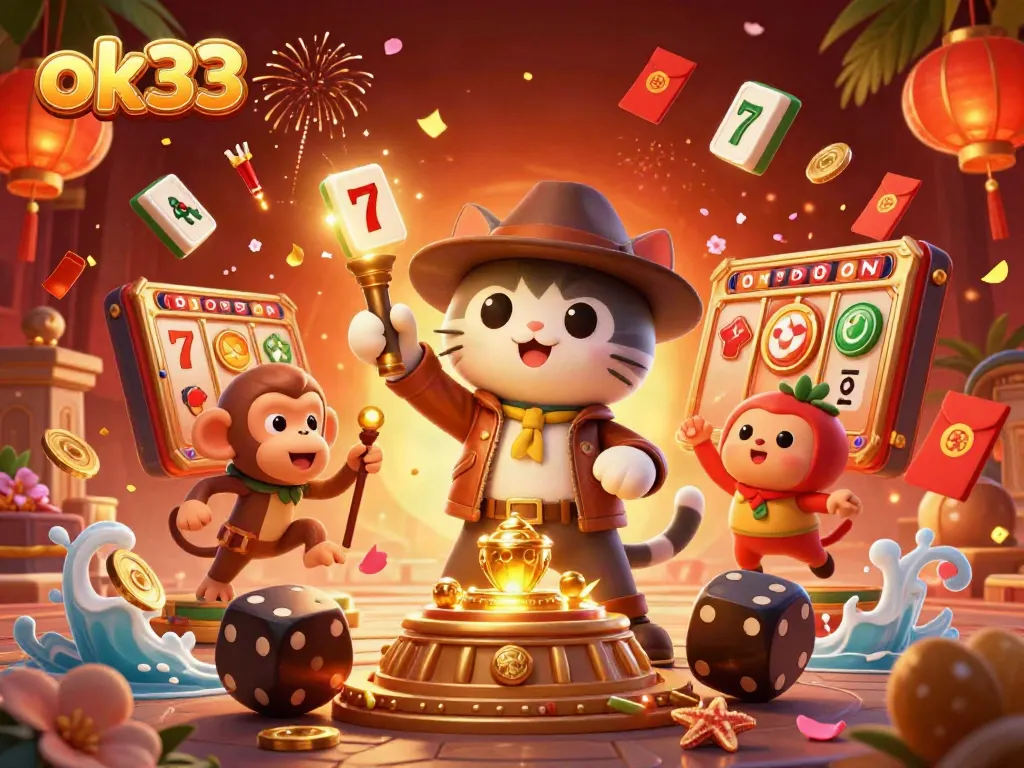 Engage in thrilling casino adventures with ok33's vibrant 3D illustration of a cat explorer uncovering treasures.