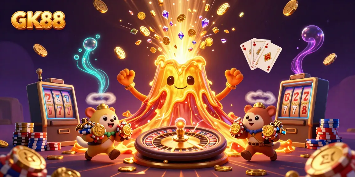 Hit the jackpot with GK88 as treasure erupts from a golden volcano, surrounded by casino elements.