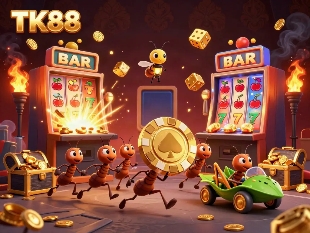 Engaging scene of TK88's cartoon ants heisting a giant poker chip amidst a dynamic casino setting.