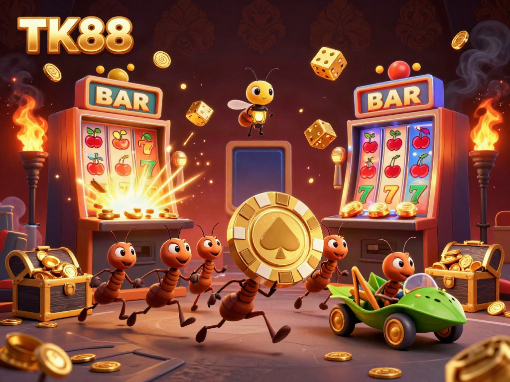 Engaging scene of TK88's cartoon ants heisting a giant poker chip amidst a dynamic casino setting.