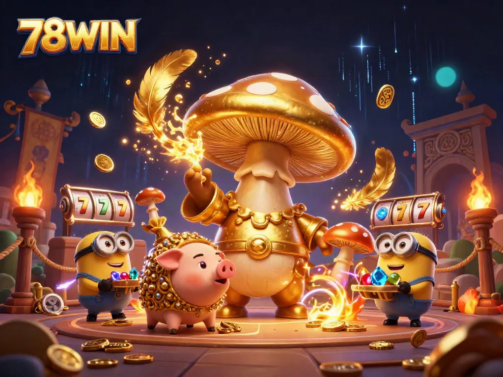 Engaging 78WIN scene where a golden mushroom wizard casts spells in a vibrant casino atmosphere.