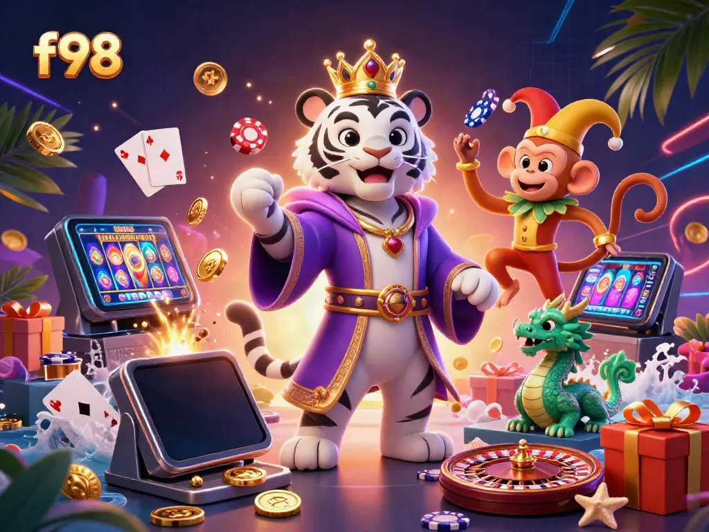 Experience the thrill of f98 as a 3D cartoon tiger and monkey engage in vibrant casino games under stunning visual effects.